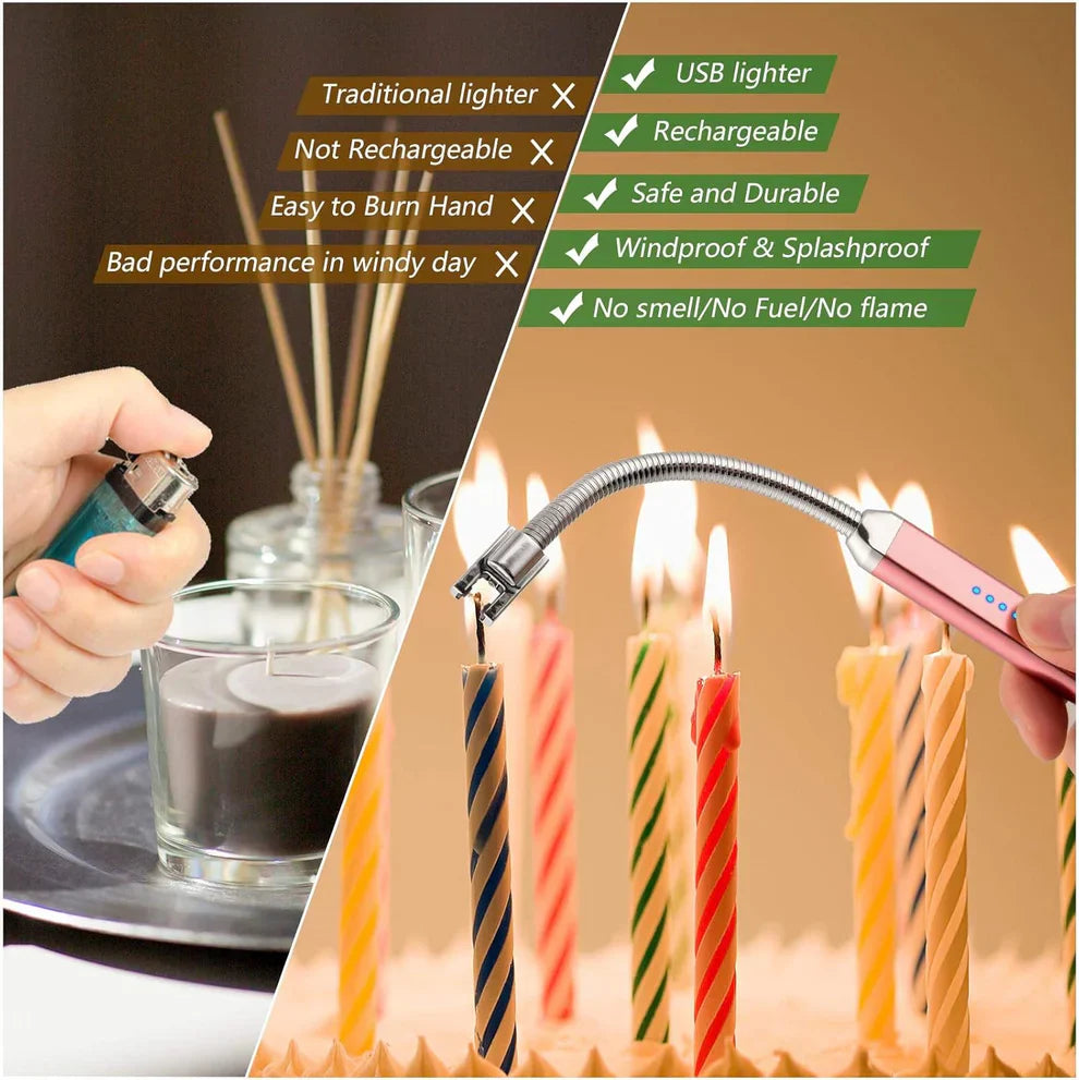 USB Rechargeable Flameless Arc Lighter Flexible and Windproof for Candles, Hiking, Camping, Kitchen, Fireplaces